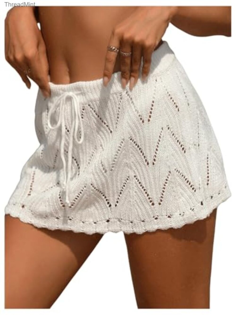 Crochet Knit Beach Mini Skirt Swim Cover Up Drawstring Scallop Hollow Out